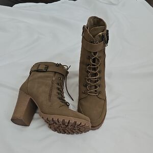 JustFab Olive Tan Lace-Up Buckle Heeled Ankle Boots